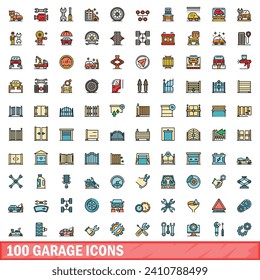 100 iconos de garaje. Conjunto de líneas de color de los iconos vectoriales del garaje color de línea delgada plano sobre blanco