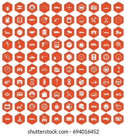 100 garage icons set in orange hexagon isolated vector illustration