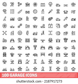 100 garage icons set. Outline illustration of 100 garage icons vector set isolated on white background