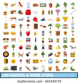 100 garden and home icons set in cartoon style for any design vector illustration