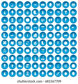 100 garden icons set in blue circle isolated on white vector illustration