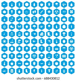 100 garden icons set in blue hexagon isolated vector illustration