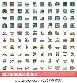 100 garden icons set. Color line set of garden vector icons thin line color flat on white