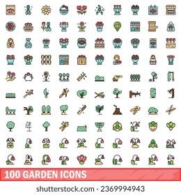 100 garden icons set. Color line set of garden vector icons thin line color flat on white