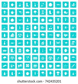 100 garden icons set in grunge style blue color isolated on white background vector illustration