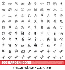 100 garden icons set. Outline illustration of 100 garden icons vector set isolated on white background