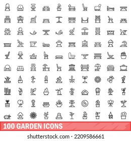 100 garden icons set. Outline illustration of 100 garden icons vector set isolated on white background