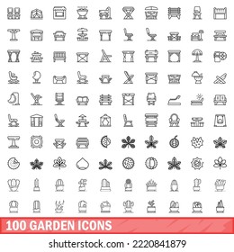 100 garden icons set. Outline illustration of 100 garden icons vector set isolated on white background