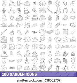 100 garden icons set in outline style for any design vector illustration