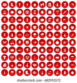 100 garden icons set in red circle isolated on white vector illustration
