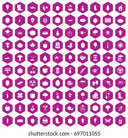 100 garden icons set in violet hexagon isolated vector illustration