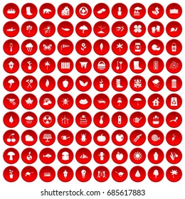 100 garden stuff icons set in red circle isolated on white vectr illustration