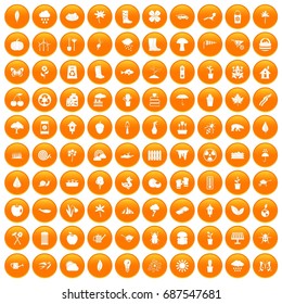 100 garden stuff icons set in orange circle isolated vector illustration