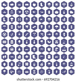 100 garden stuff icons set in purple hexagon isolated vector illustration