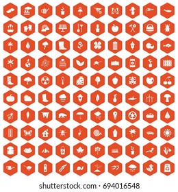 100 garden stuff icons set in orange hexagon isolated vector illustration