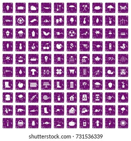 100 garden stuff icons set in grunge style purple color isolated on white background vector illustration