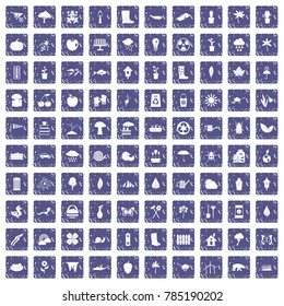 100 garden stuff icons set in grunge style sapphire color isolated on white background vector illustration
