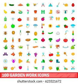 100 garden work icons set in cartoon style for any design vector illustration