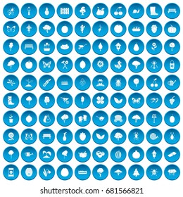 100 gardening icons set in blue circle isolated on white vector illustration