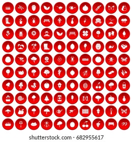 100 gardening icons set in red circle isolated on white vector illustration