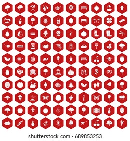 100 gardening icons set in red hexagon isolated vector illustration