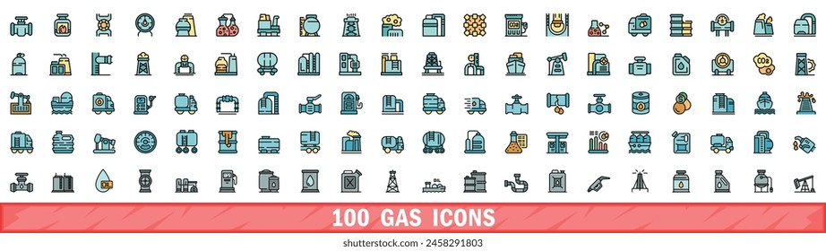 100 gas icons set. Color line set of gas vector icons thin line color flat on white