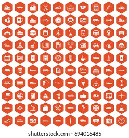 100 gas station icons set in orange hexagon isolated vector illustration