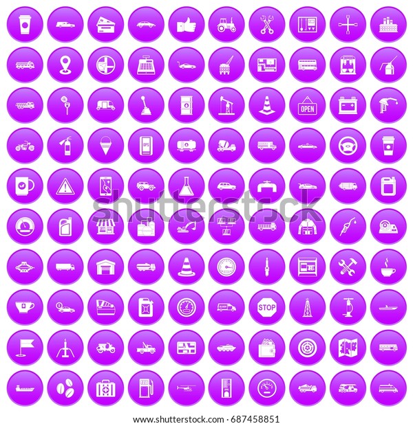 100 gas station icons set in purple circle
isolated on white vector
illustration