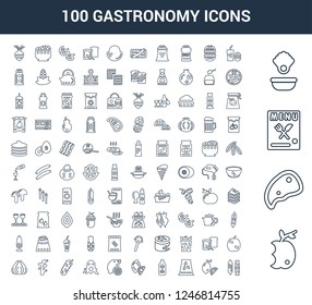100 gastronomy universal linear icons set with Apple, Steak, Menu, Oyster, Fast food, Lemon, Coffee beans, Gin, Lime, Lemon