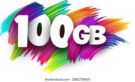 100 GB paper word sign with colorful spectrum paint brush strokes over white. Vector illustration.