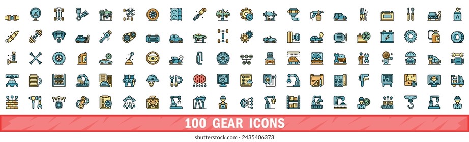 100 iconos de engranajes establecidos. Conjunto de línea de color de iconos vectoriales de engranaje línea delgada color plano en blanco