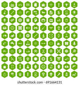 100 gear icons set in green hexagon isolated vector illustration
