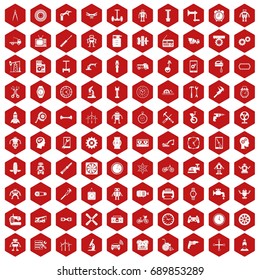 100 gear icons set in red hexagon isolated vector illustration