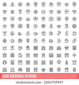 100 geisha Symbole gesetzt. Outline-Illustration von 100 geisha-Symbolen, Vektorset einzeln auf weißem Hintergrund