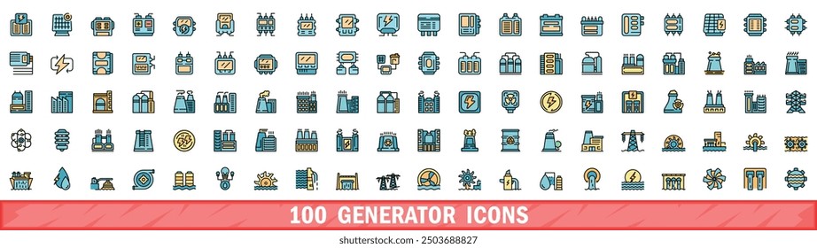 100 generator icons set. Color line set of generator vector icons thin line color flat on white