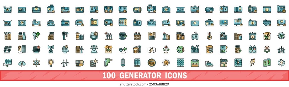 100 generator icons set. Color line set of generator vector icons thin line color flat on white