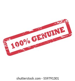 100% Genuine inscription in rectangle frame. Red ink rubber stamp with rough texture. Genuine word vector icon isolated on white. Distressed texture document stamp for product package or print design