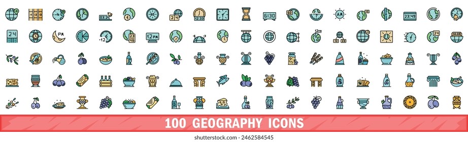 100 geography icons set. Color line set of geography vector icons thin line color flat on white