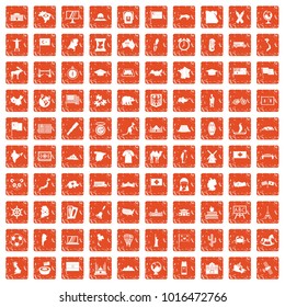 100 geography icons set in grunge style orange color isolated on white background vector illustration