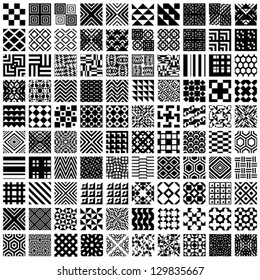 100 geometric seamless patterns set, black and white vector backgrounds collection.