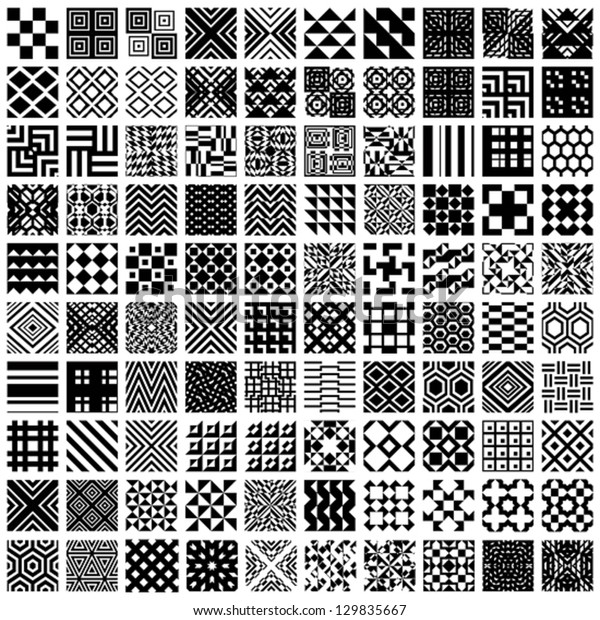 100種類の幾何学的なシームレスパターンセット 白黒のベクター画像背景コレクション のベクター画像素材 ロイヤリティフリー