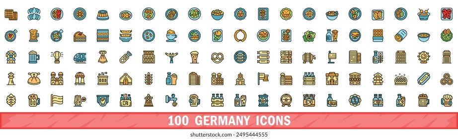 100 germany icons set. Color line set of germany vector icons thin line color flat on white