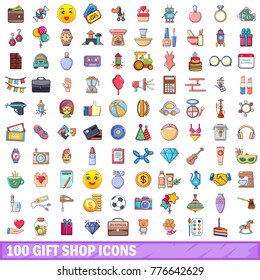 100 gift shop icons set. Cartoon illustration of 100 gift shop vector icons isolated on white background