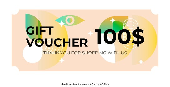 Plantilla de cupón de regalo de $100 con un diseño geométrico. Cupón de Vector moderno con gradiente abstracto para ventas y promociones publicitarias