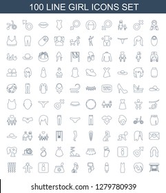 100 girl icons. Trendy girl icons white background. Included line icons such as swing, emo emot, dress, woman, baby mitten, pregnant woman, make up bag. girl icon for web and mobile.