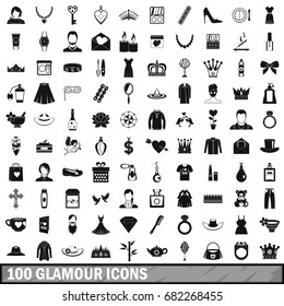 100 glamour icons set. Simple illustration of 100 glamour icons vector set for any design