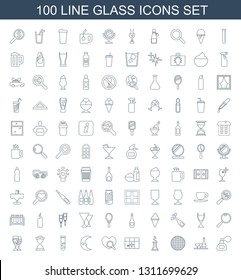100 glass icons. Trendy glass icons white background. Included line icons such as perfume, champagne and wine glasses, disco ball, heart test tube. glass icon for web and mobile.
