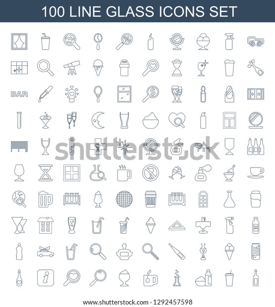 100 glass\
icons. Trendy glass icons white background. Included line icons\
such as wine glass, drink, drink and food, heart test tube, tea\
cup, milkshake. icon for web and\
mobile.