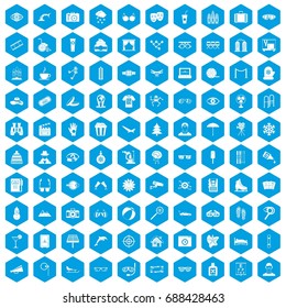 100 glasses icons set in blue hexagon isolated vector illustration