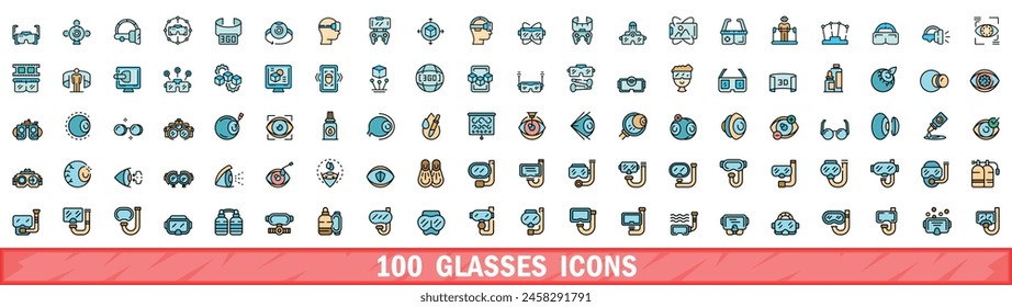 100 glasses icons set. Color line set of glasses vector icons thin line color flat on white